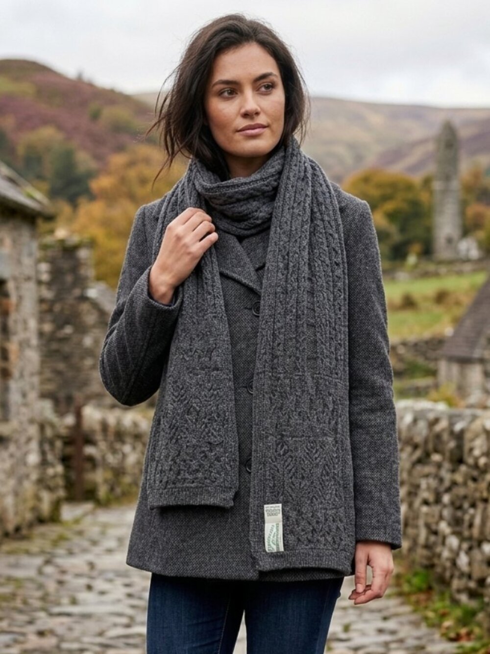 Gray Cable Knit Scarf by Aran Crafts 100% Wool